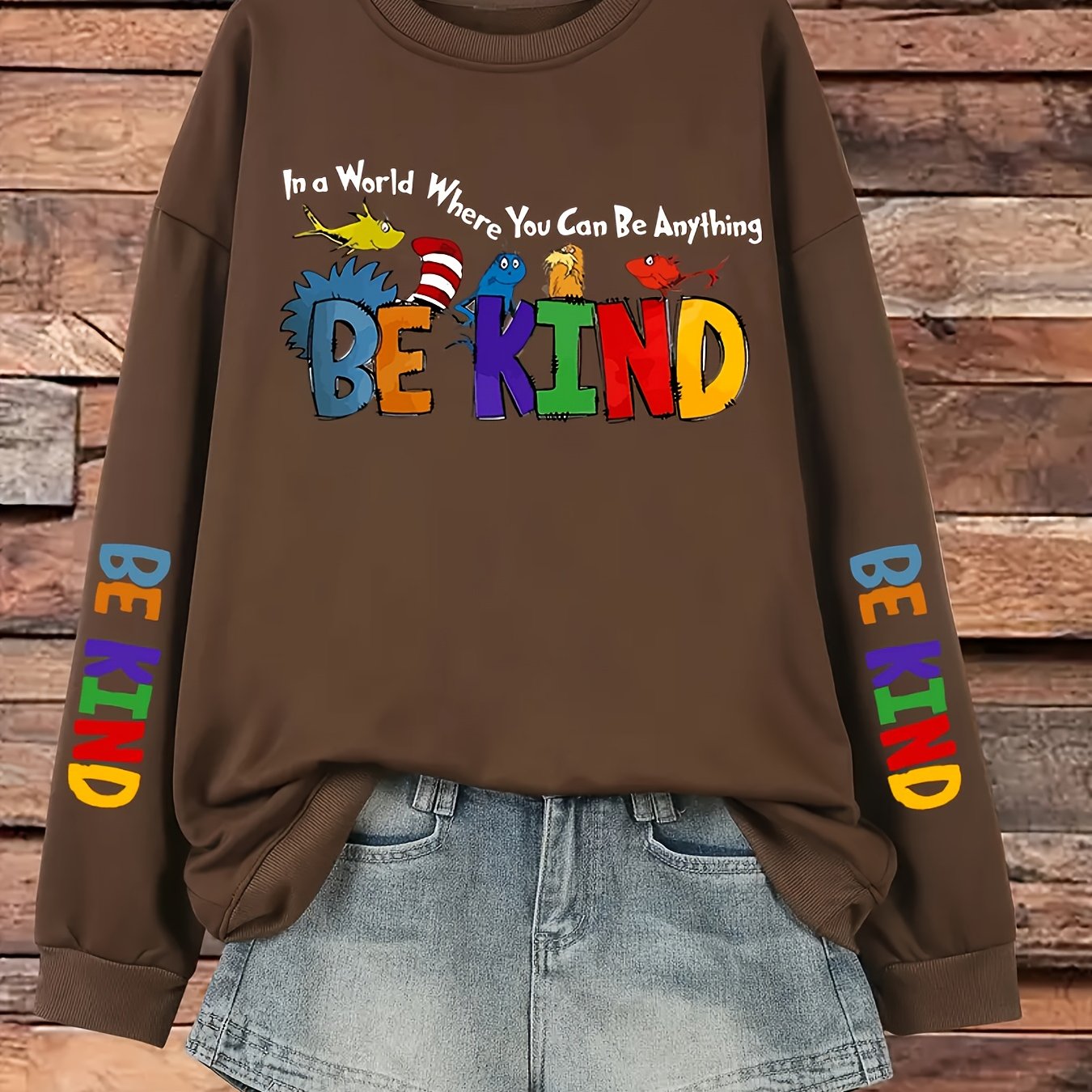 Plus Size Women's Casual Print Pullover Sweatshirt Long Sleeve Crew Neck