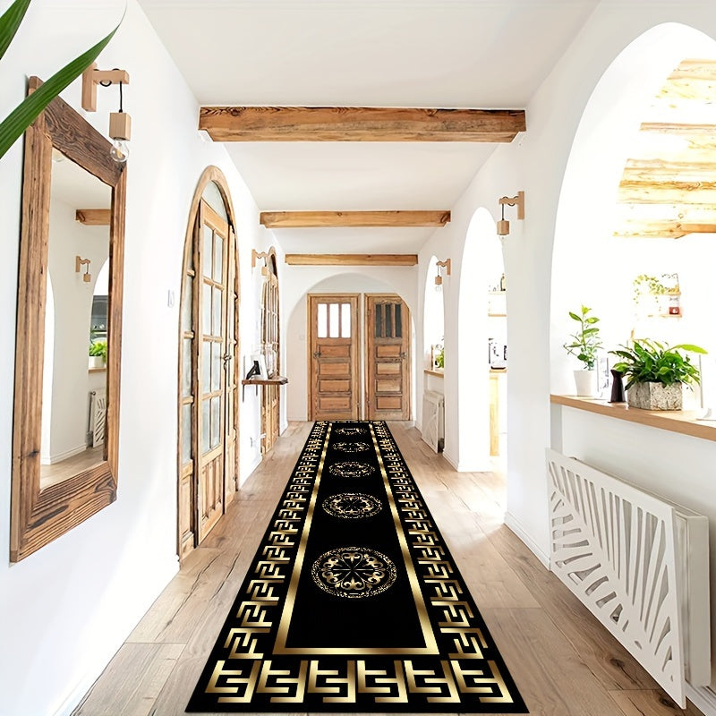 Elegant F-Pattern Runner Rug Golden Black Non-Slip Machine Washable Polyester Entryway Living Room Outdoor