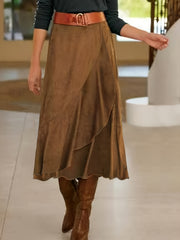 Women's Brown Corduroy Tiered Asymmetrical Hem Skirt Fall Winter Casual Formal