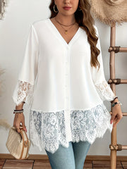 Camiseta de encaje para mujer talla grande con manga larga y contraste