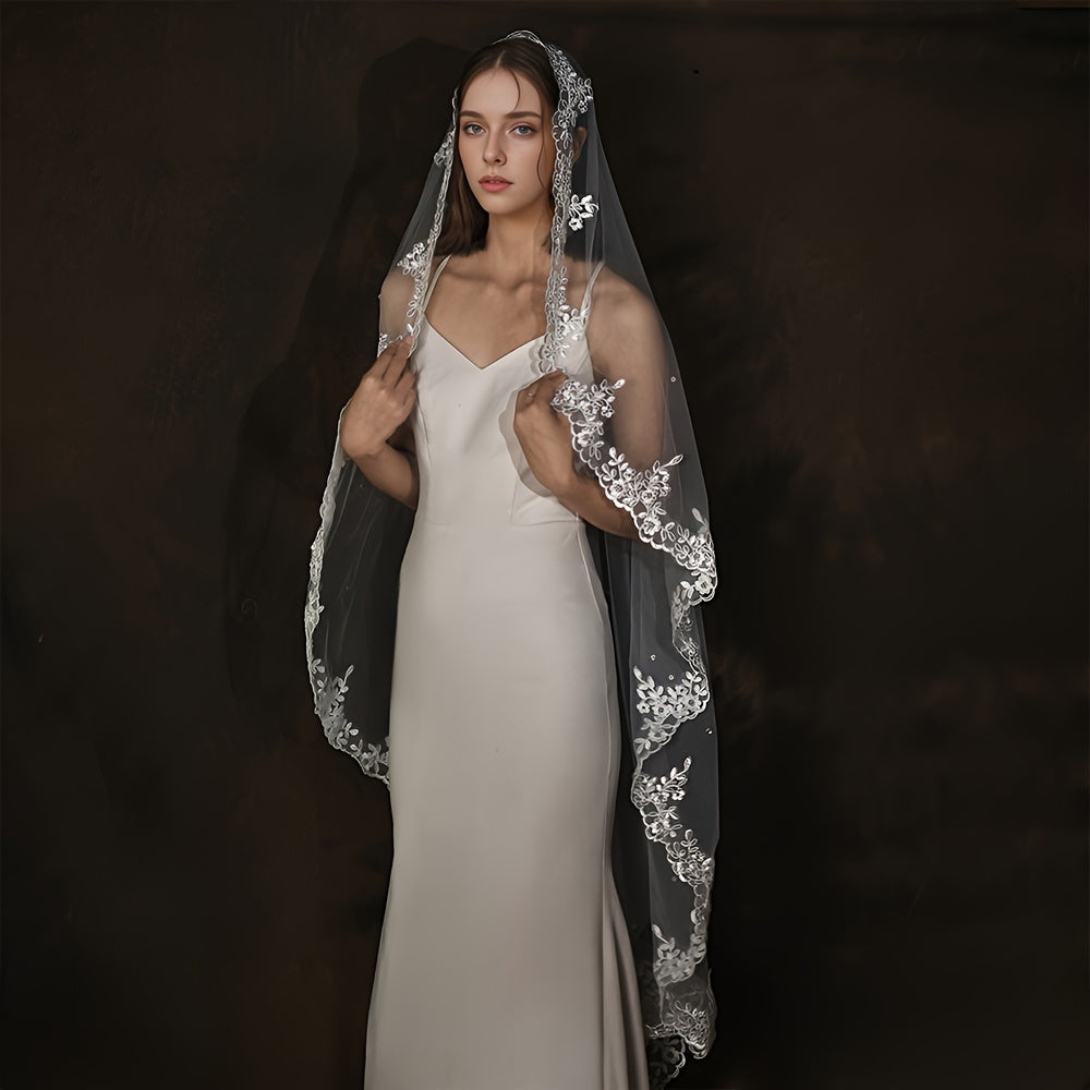 White Short Embroidered Wedding Veil for Bride with Hair Comb Not Included