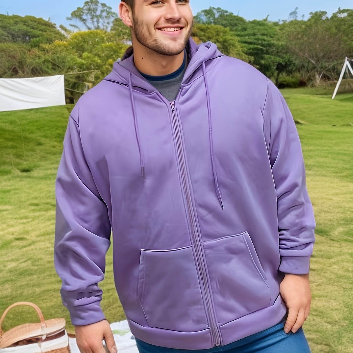 Sudadera de talla grande en marrón oscuro para hombres con bolsillos con cierre de cremallera y mezcla de poliéster