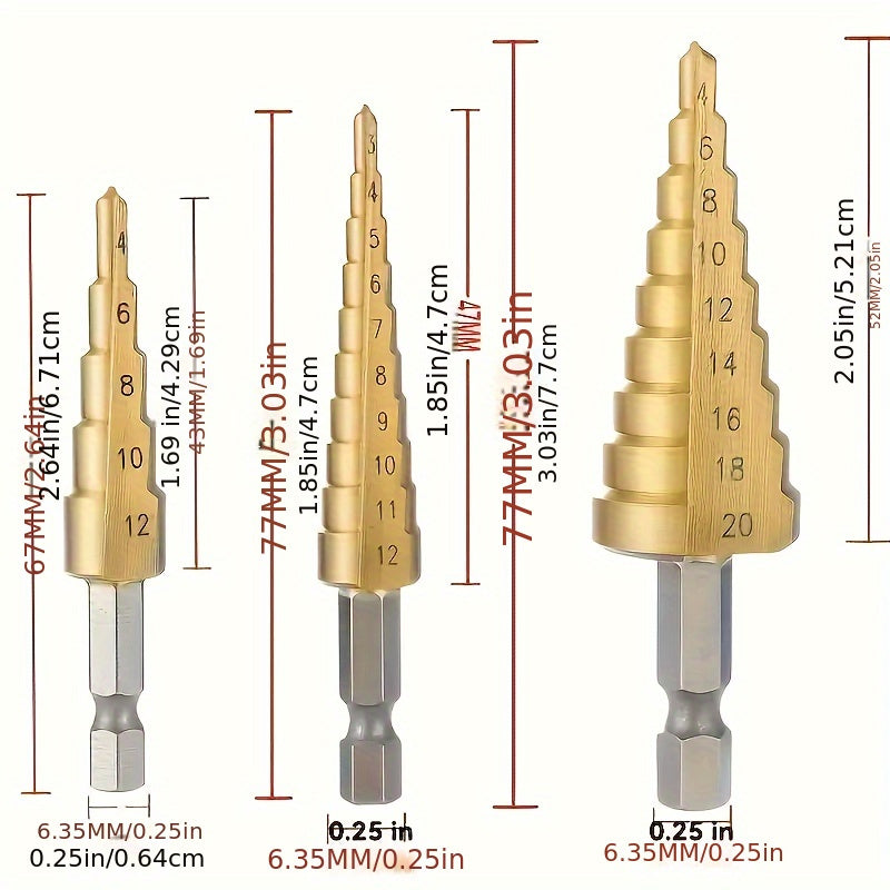 3pc Titanium-Coated HSS Step Drill Bit Set for Metal and Wood High Precision Durable
