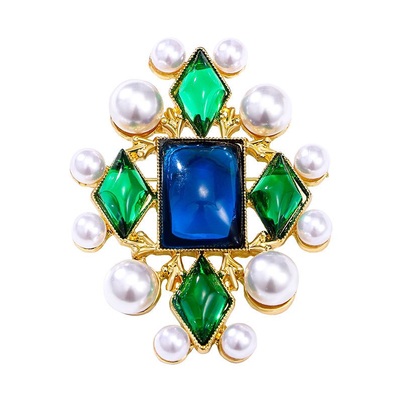 Vintage Baroque Style Brooch with Rhinestones Faux Pearls and Crystals