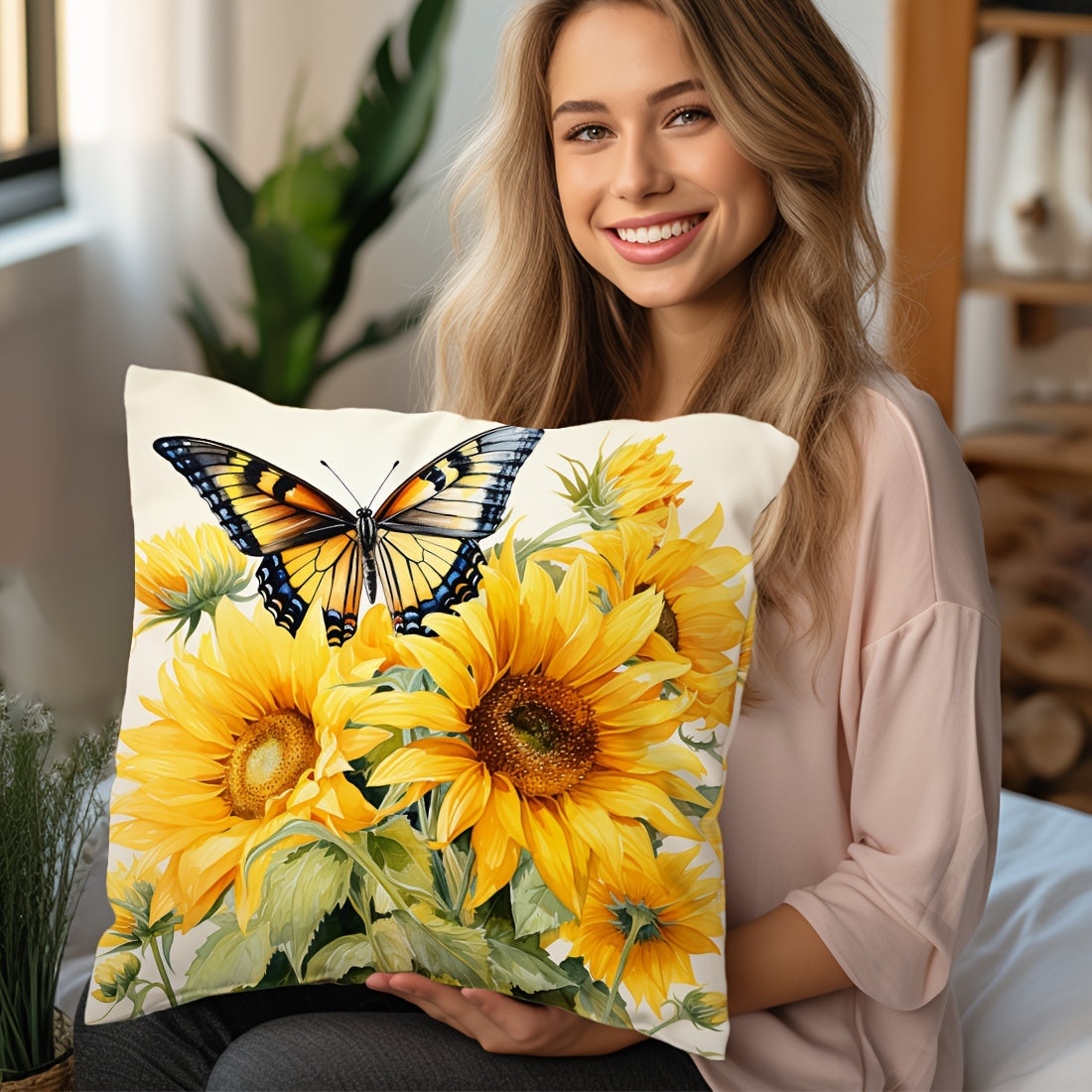 Sunflower Butterfly Design Throw Pillow Cover 45x45cm Peach Skin Velvet Decorative Sofa Bed Bedroom