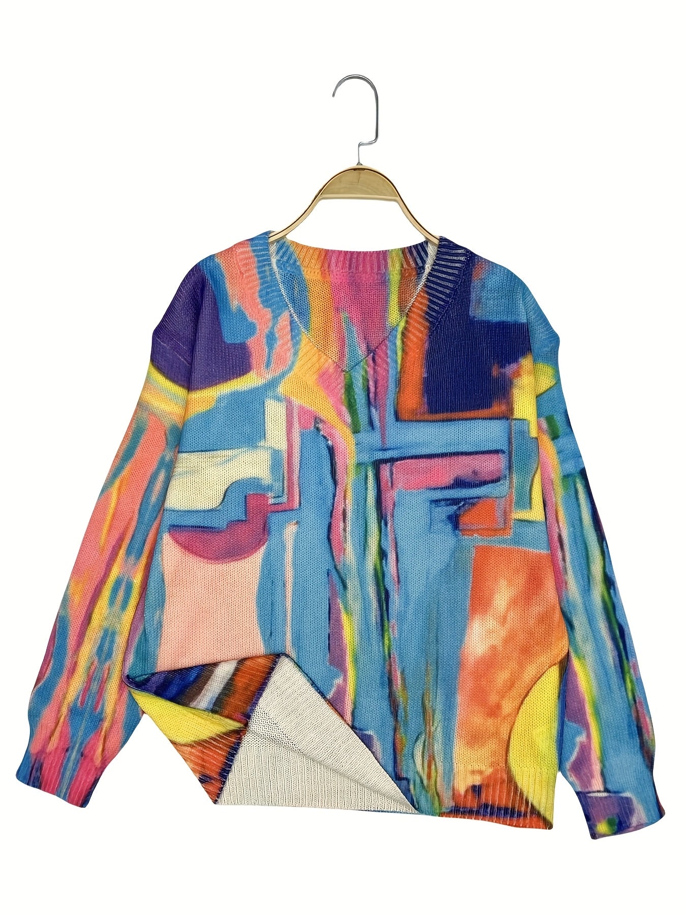 Top de manga larga con escote en V y estampado tie-dye para mujer talla grande, suéter casual oversize