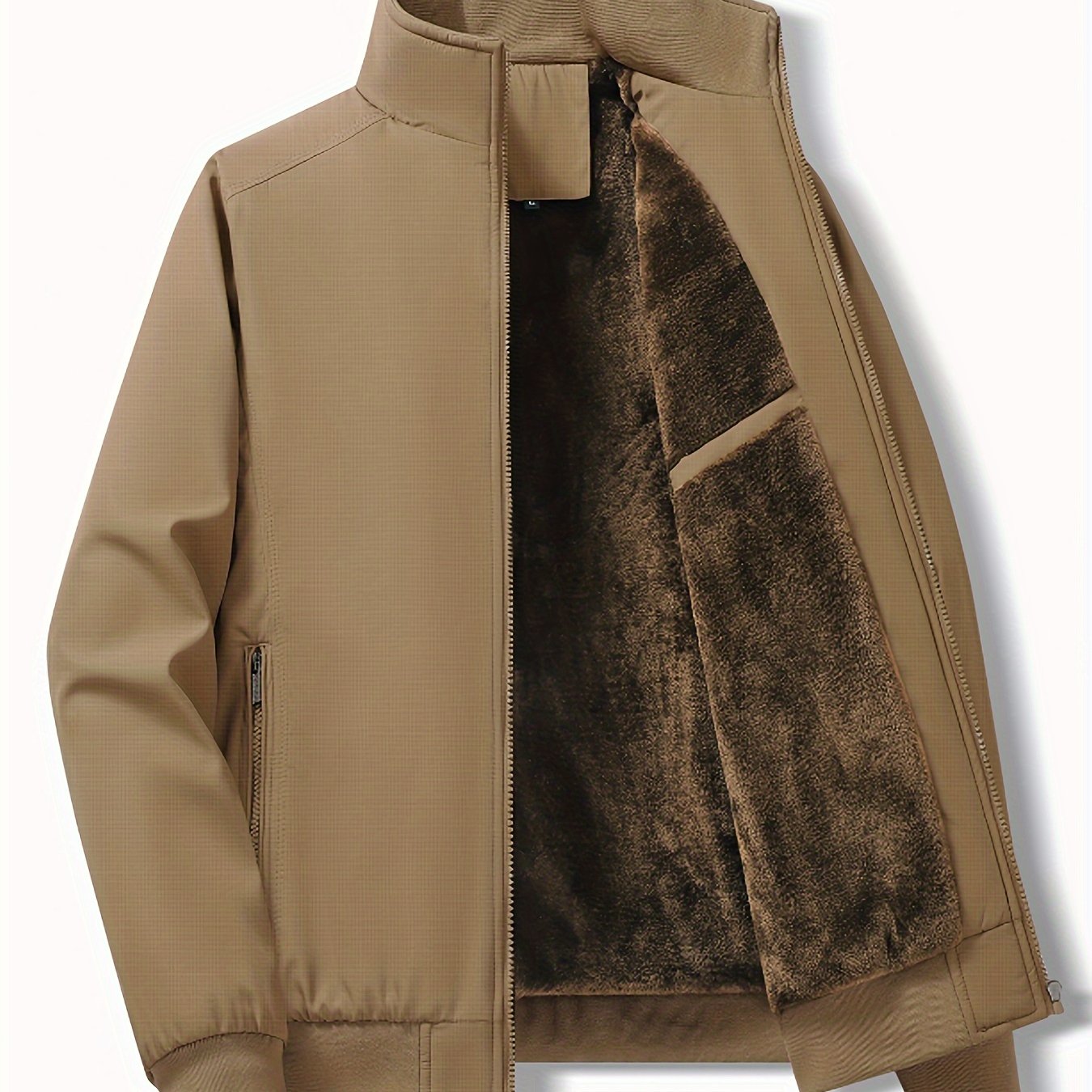 Men's Casual Polyester Fleece Jacket with Zipper Pockets Lapel Collar Windproof Regular Fit