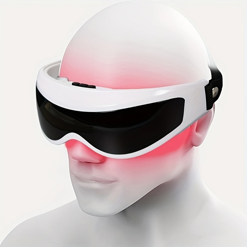 Qora kamarli oq ko'z massaj qurilmasi - massaj va himoya uchun portativ, batareyada ishlaydigan ko'zni dam olish ko'zoynagi, ergonomik dizayn, sozlanadigan kamar