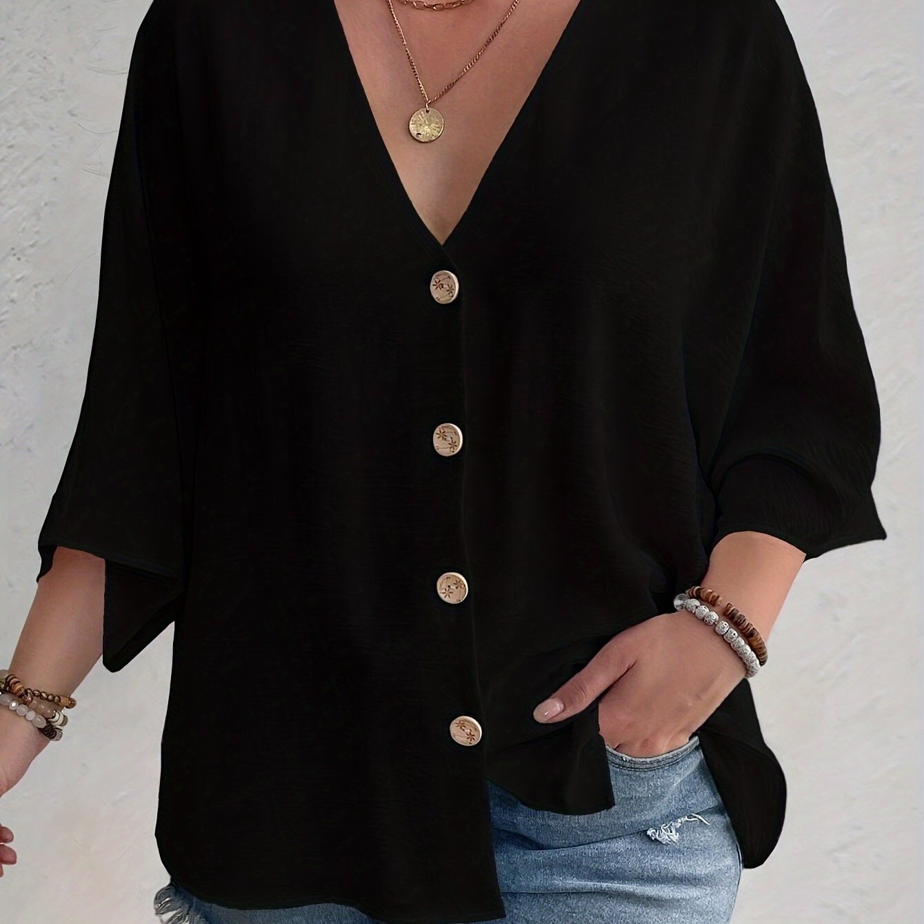 Plus Size Women's V-Neck Long Sleeve Blouse Polyester Button Front Solid White Relaxed Fit