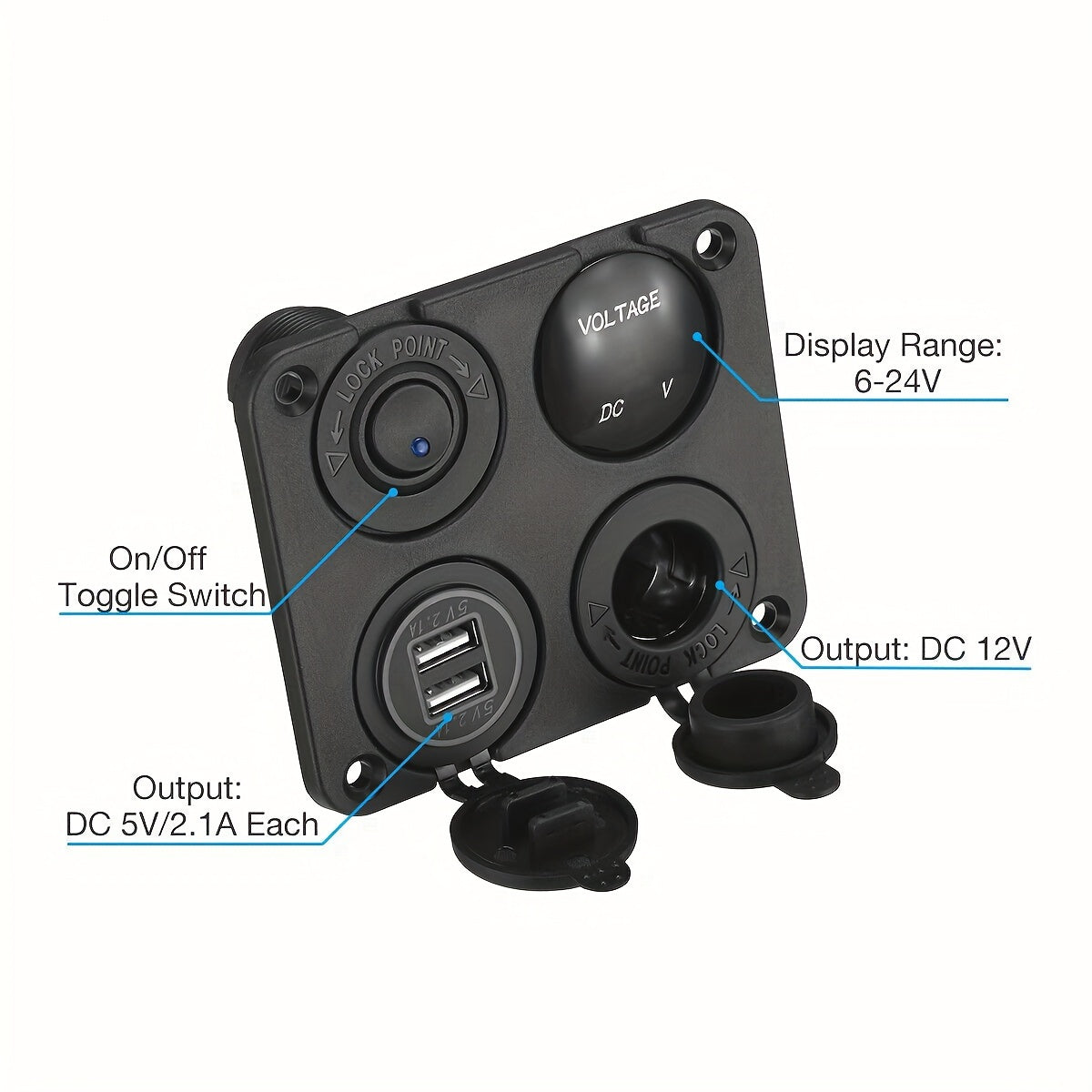 Dual USB Charger for 4-Gang 12V Outlets with LED Voltmeter and Wall Mount