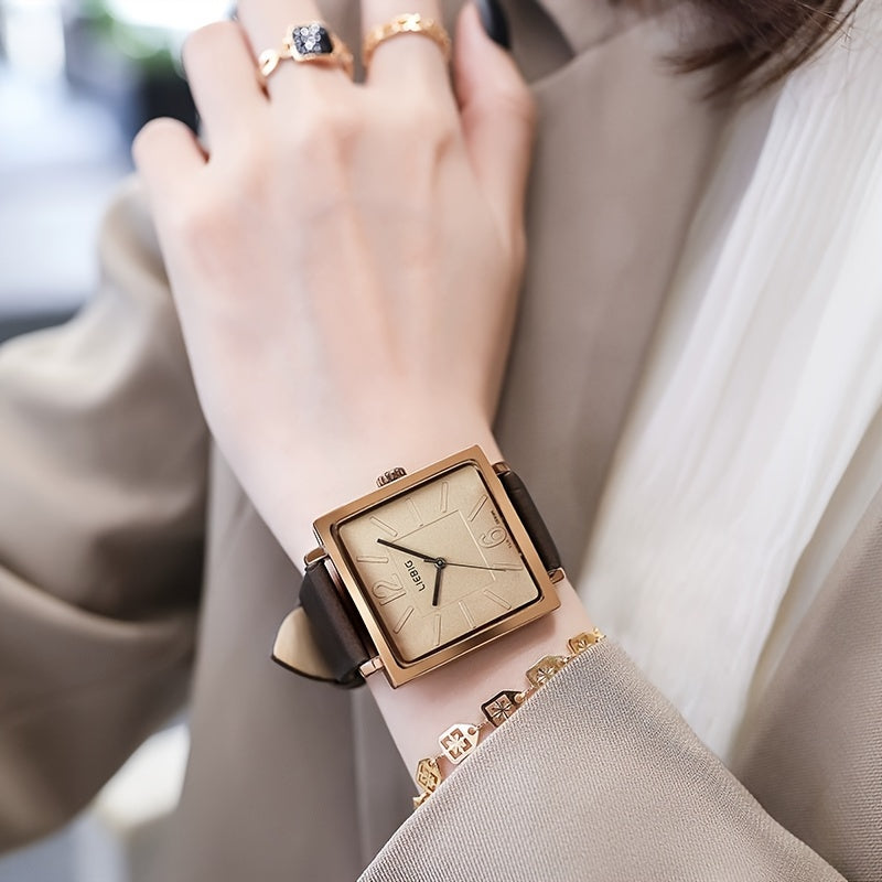 Women's Large Square Quartz Watch with Analog Dial and PU Leather Strap