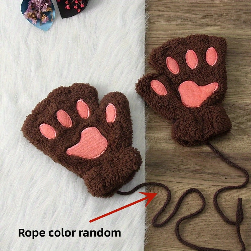 Thickened Half-Finger Winter Gloves with Cartoon Cat Paw Design for Warmth and Touchscreen Use