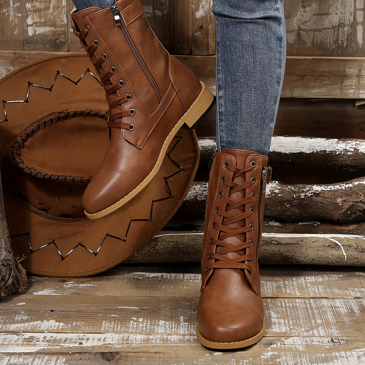 Women's Black Mid-Calf Winter Boots with Zipper, Low Heel, Slip-Resistant Sole