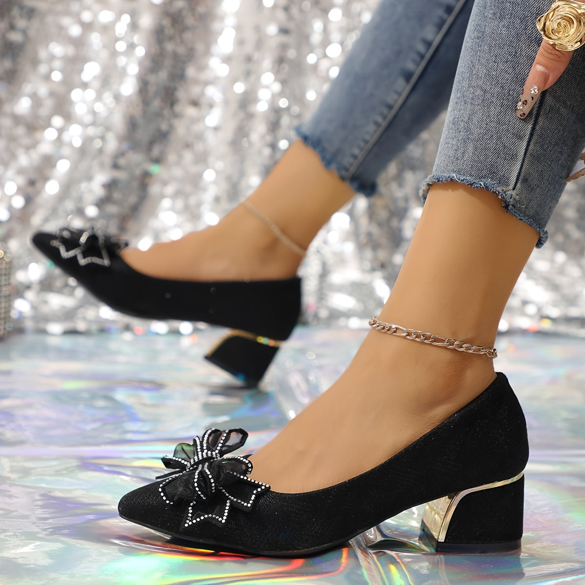 Women's Black Pointed Toe Pumps with Rhinestone Bow for Weddings and Parties