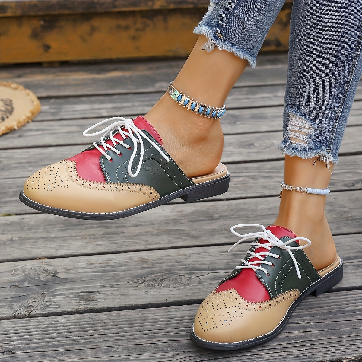 Women Flat Mules Slip-On Shoes Color-Block Comfortable Stylish