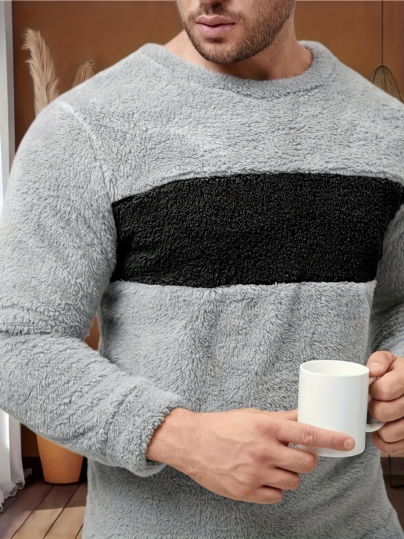 Men's Winter Flannel Pajama Set with Drawstring Loose Fit Crew Neck Polyester Knit