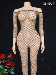 Women's Black Fishnet Bodysuit with Off-Shoulder Hollow-Out Back for Role Play and Valentine's Day
