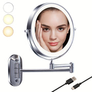 LED Dual-Sided Wall Mount Makeup Mirror with Adjustable Brightness and Foldable Swivel Arm