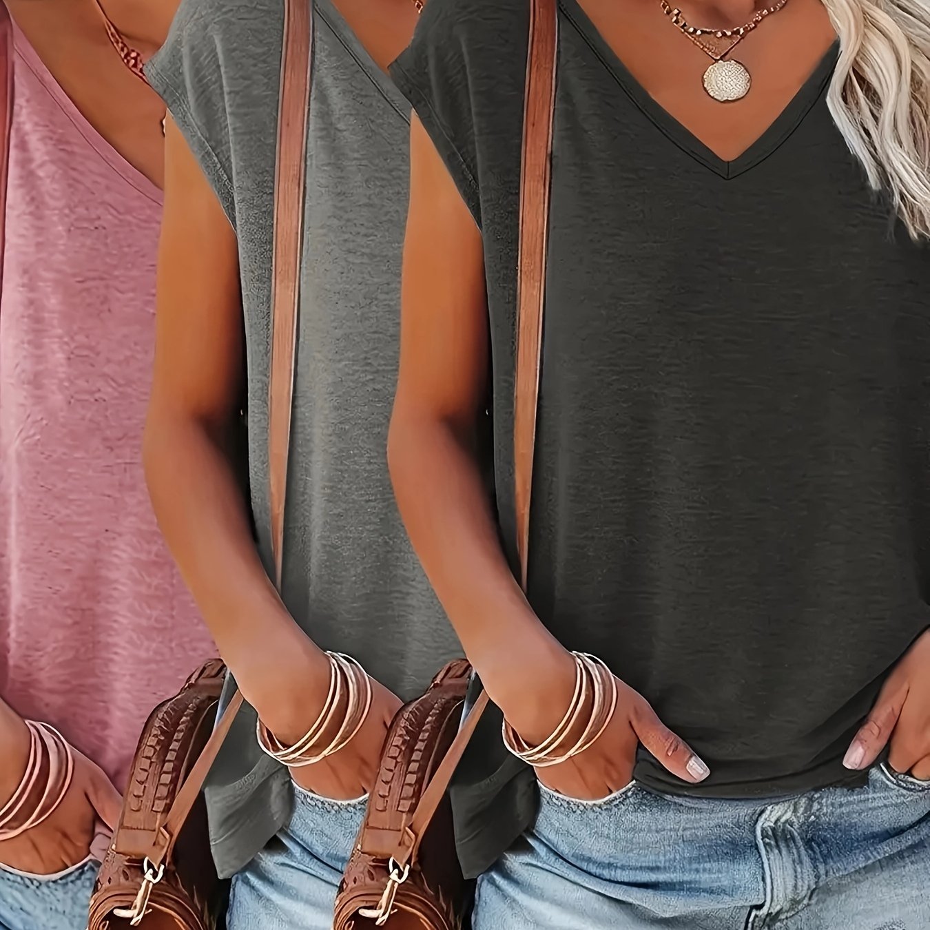 Women V-Neck T-Shirts 3 Pack Short Sleeve Spring Summer Soft Stretch