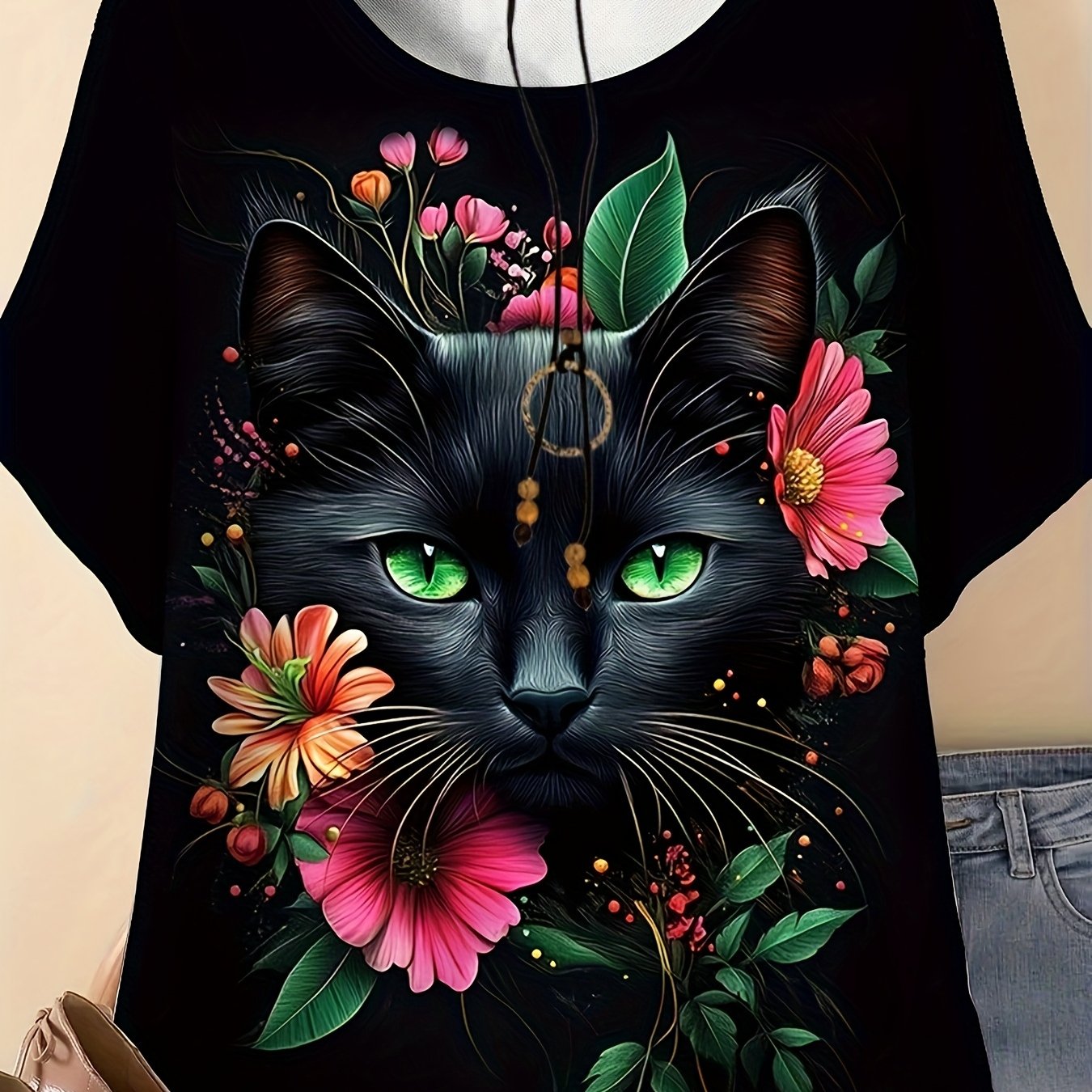 Plus Size Women's Floral Cat Print Short Sleeve T-Shirt Summer Casual Top
