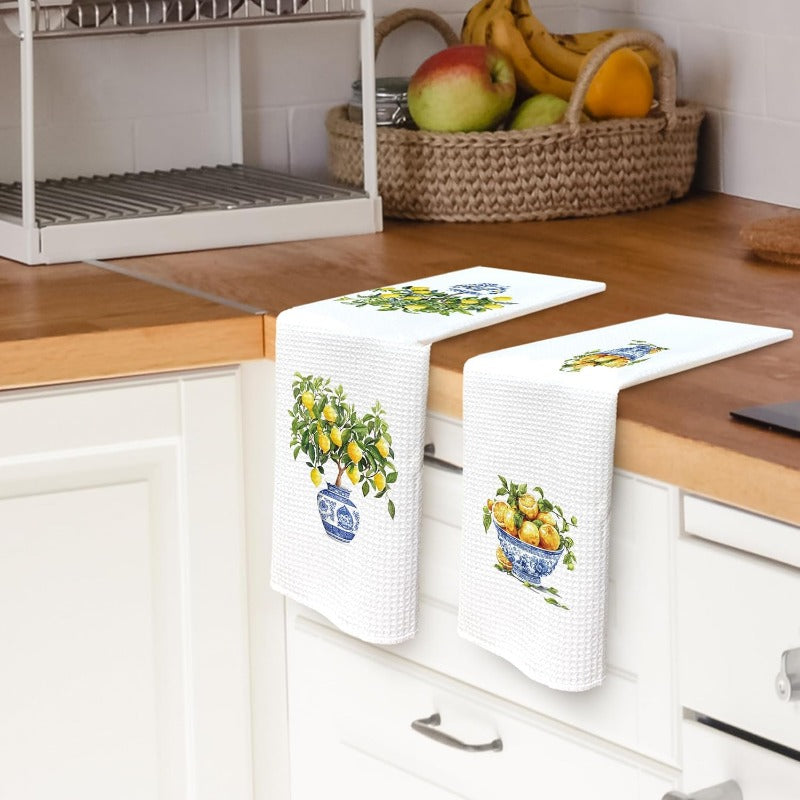 Cartoon Lemon and Blue White Vase Kitchen Towels Set of 2 Super Soft Polyester Dish Cloths
