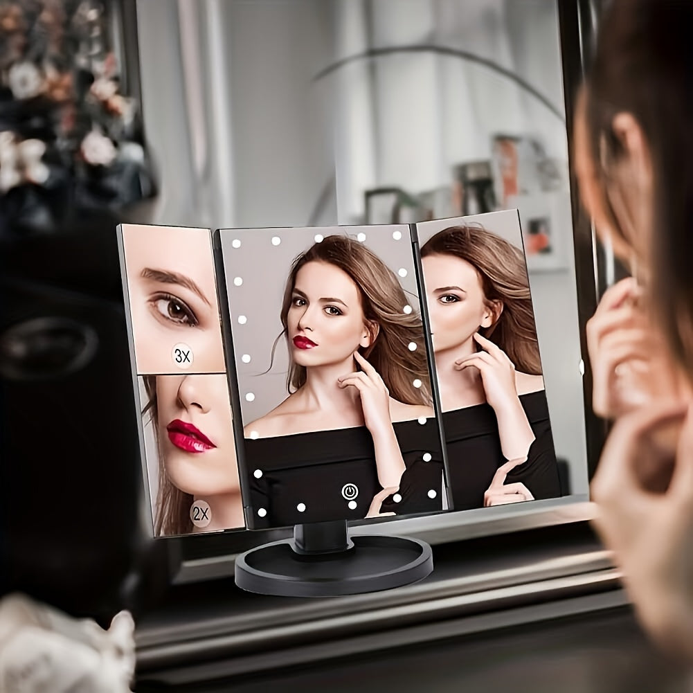 LED Lighted Vanity Makeup Mirror with 2X and 3X Magnification, Touch Control, Trifold Design, Dual Power USB Battery
