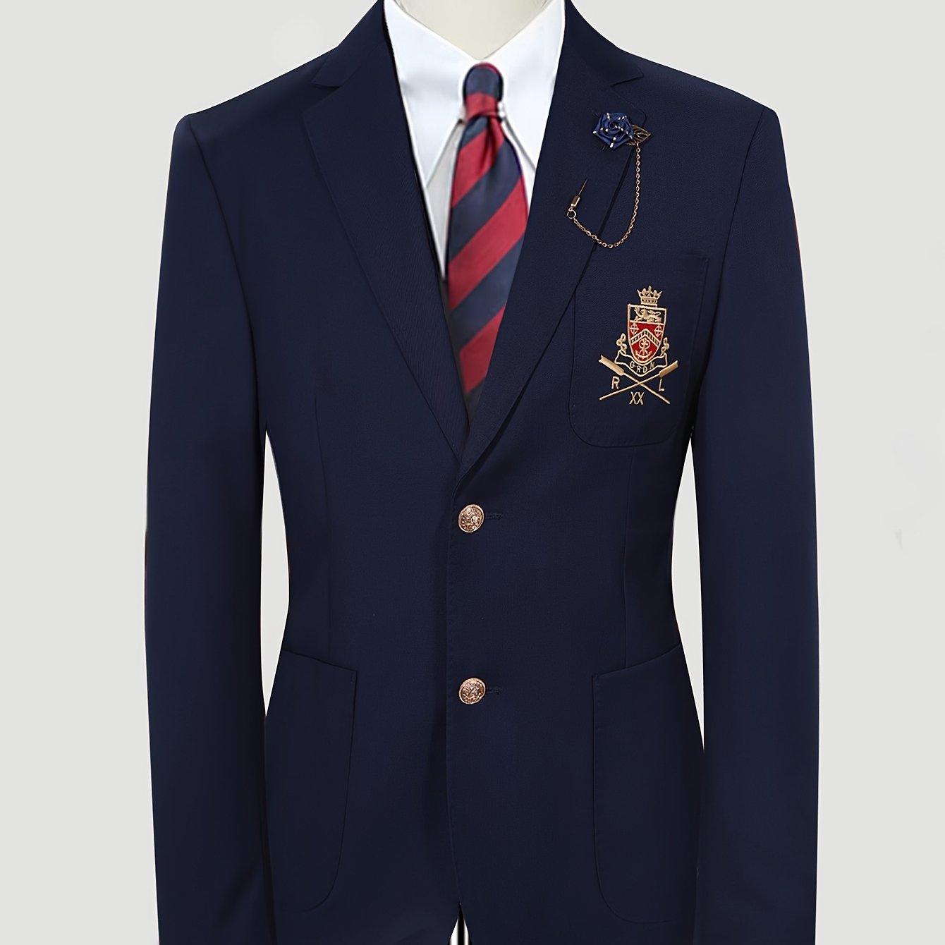 Erkaklar uchun tasodifiy blazer, brosh bilan, Britaniya uslubi, bir rangli, to'qilgan mato, oddiy kesim, tugma tafsiloti, polyester astar, barcha mavsumlar uchun.