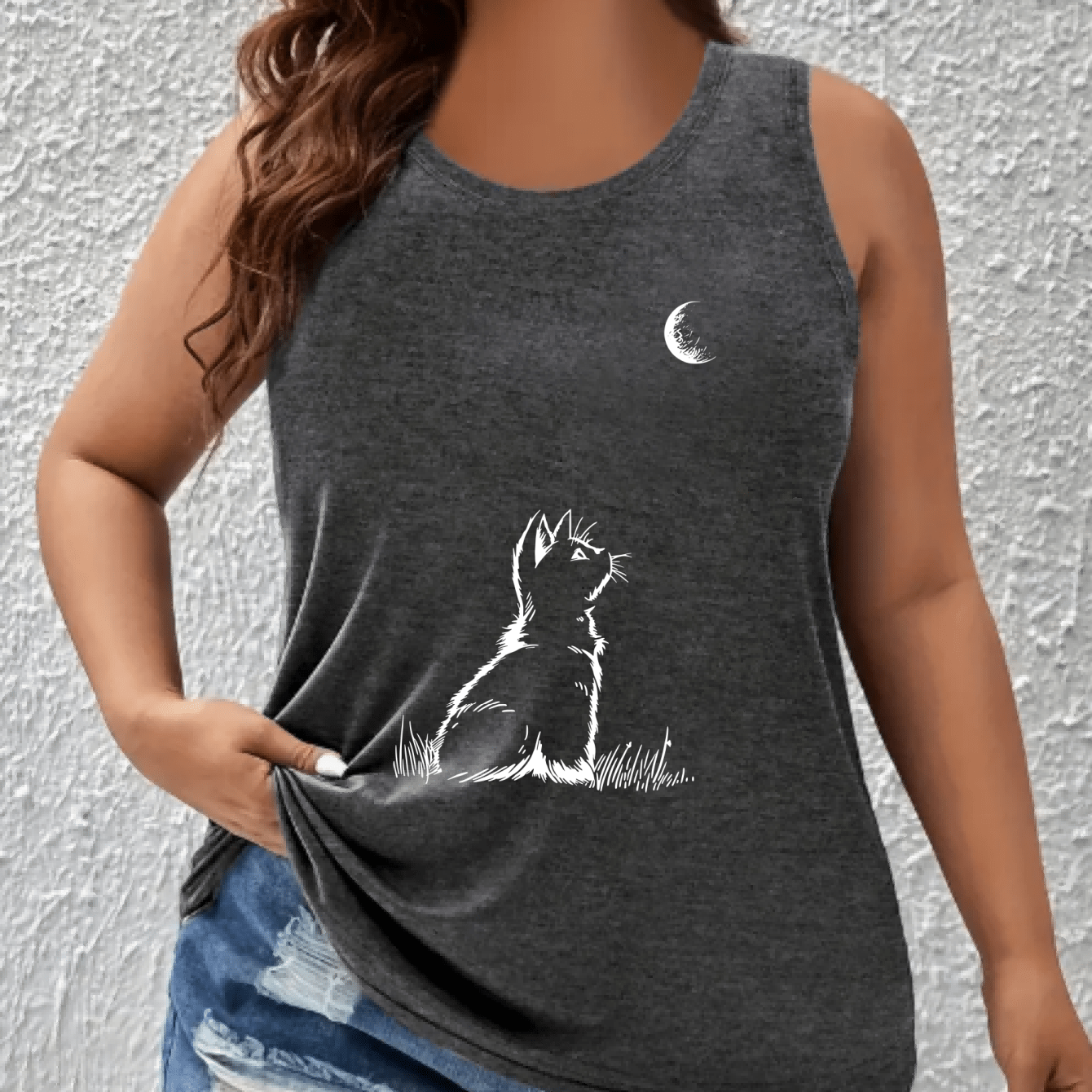 Women's Plus Size Sleeveless Tank Top with Cartoon Cat and Moon Print