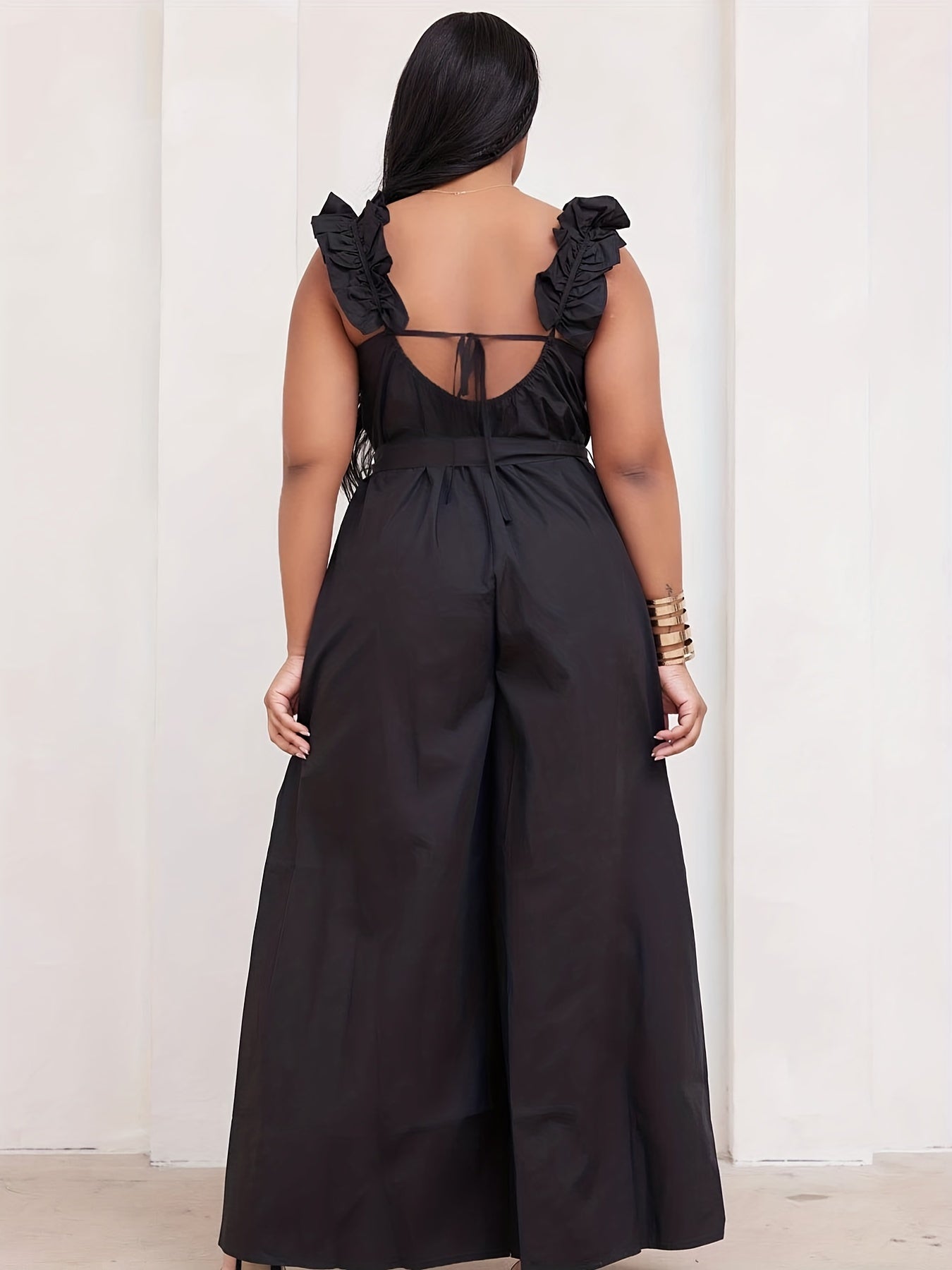 Plus Size Black Jumpsuit with Floral Shoulder Sleeveless Wide Leg