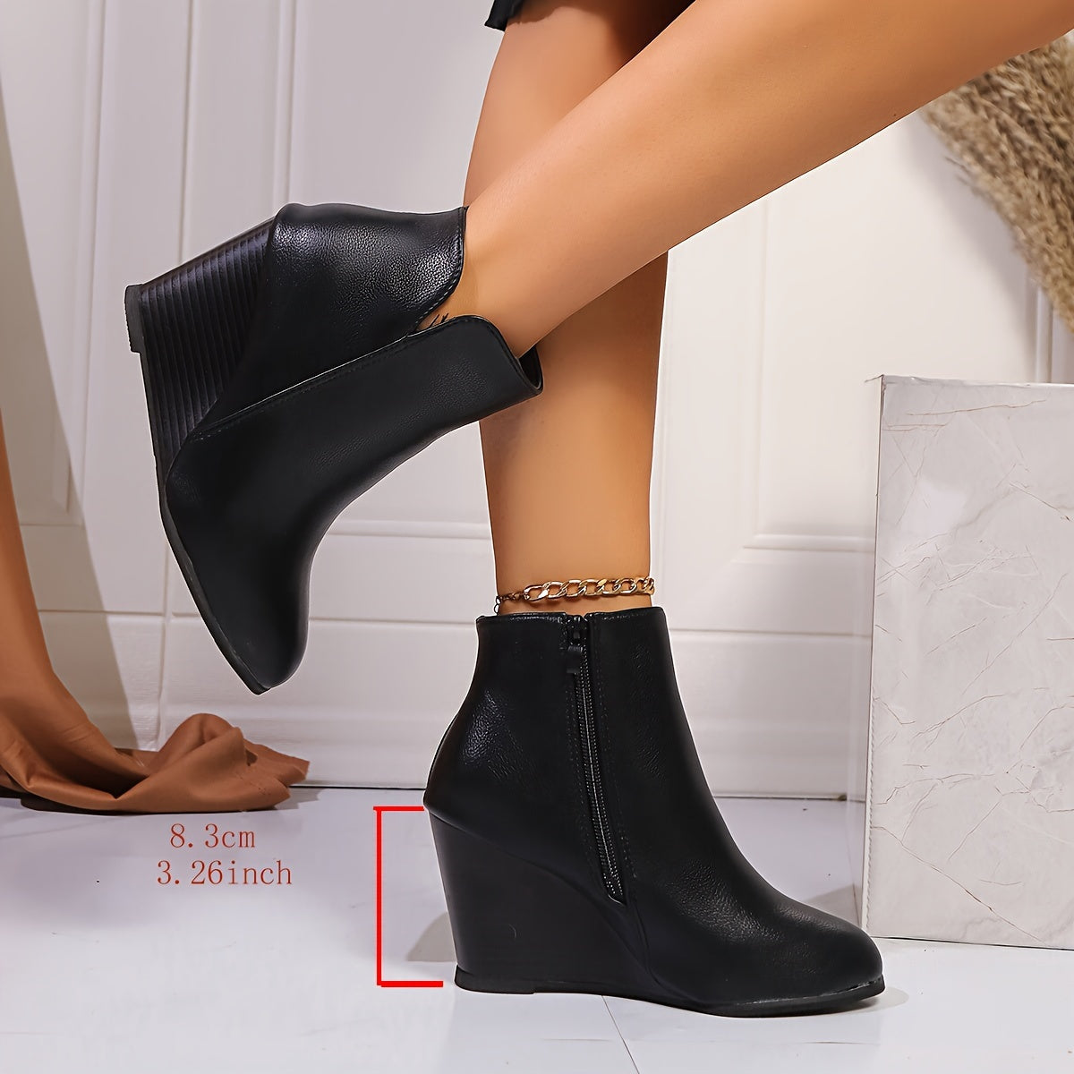 Women's Black Wedge Ankle Boots Slip-On Side Zipper Casual Fashion