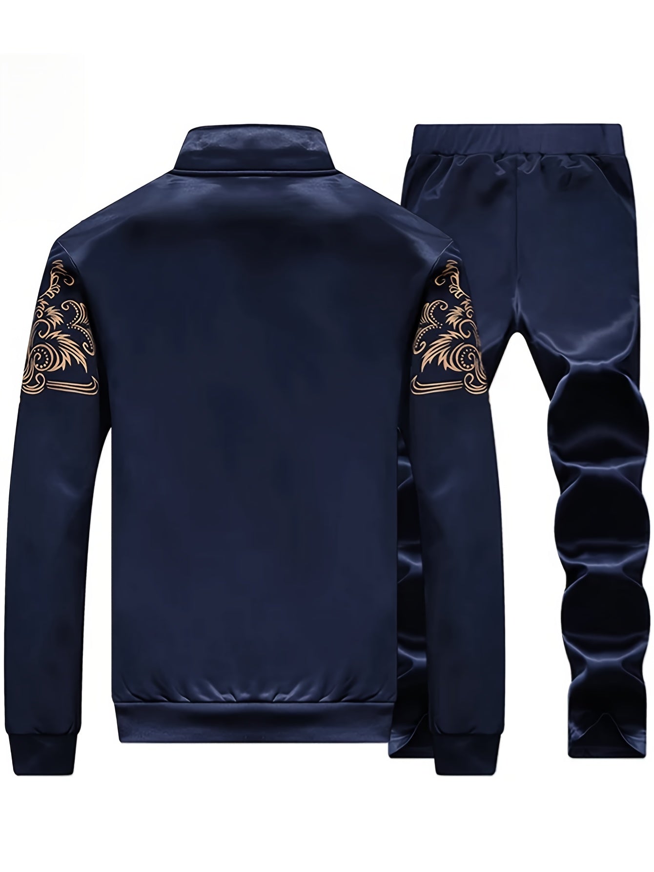 Men's Athletic Set with Stand Collar Zip-Up Jacket and Elastic Waist Joggers in Black and Gold Floral Pattern