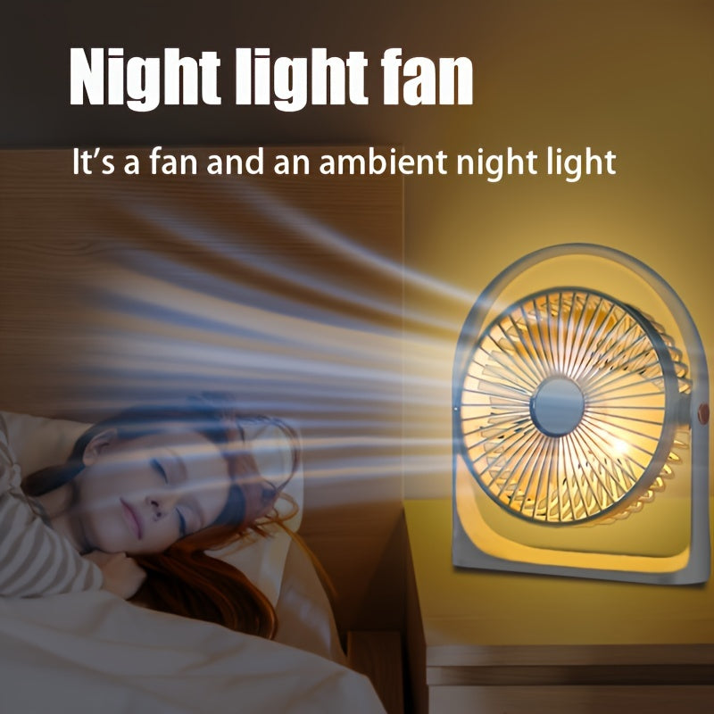 Rechargeable Portable USB Desk Fan with LED Night Light, 5 Speeds, Quiet Operation