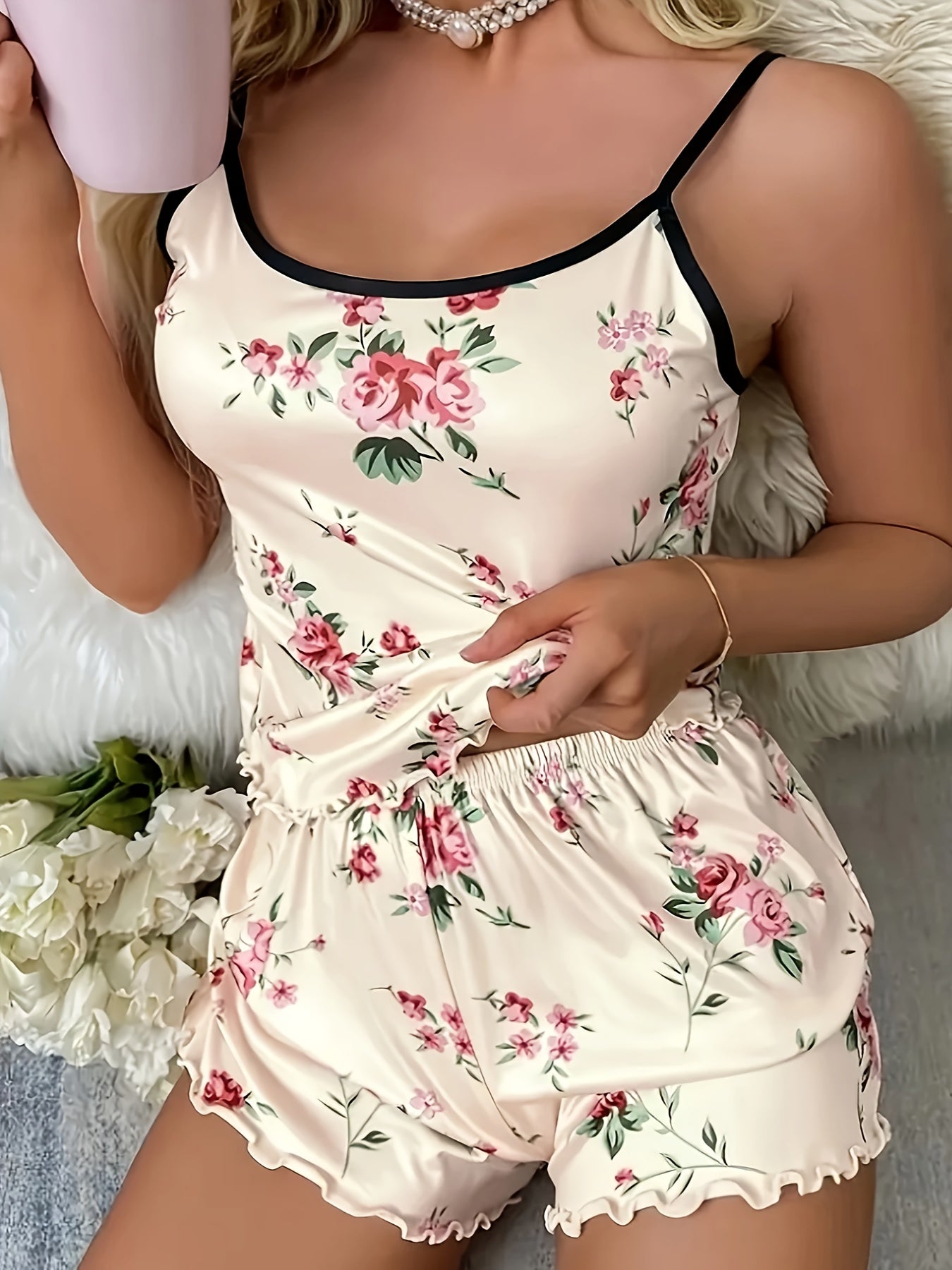 Women's Plus Size Floral Print Pajamas Set Lounge Cami Top Shorts
