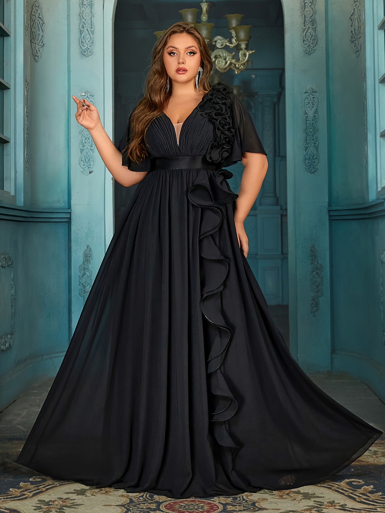 Plus Size Black Maxi Dress with V-Neck Ruffle Sleeves and Lace Details for Evening Events