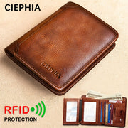 Vintage Genuine Leather Wallet for Men RFID Blocking Deep Brown Slim Bi-Fold
