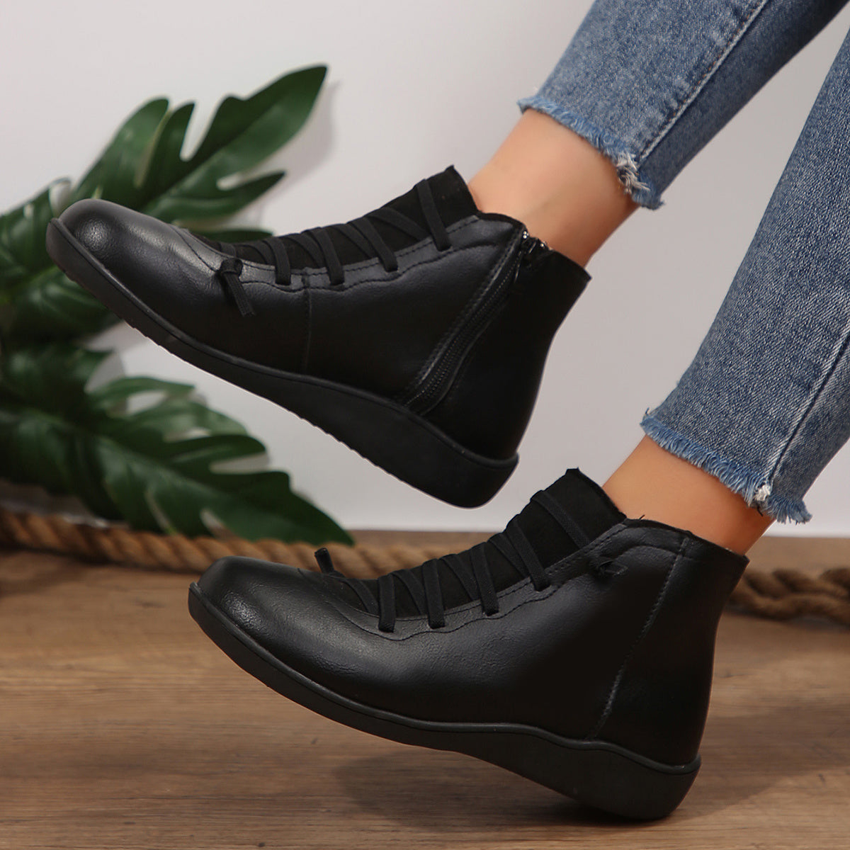 Women Ankle Boots Synthetic Leather Non-Slip Flat Heel Casual Autumn