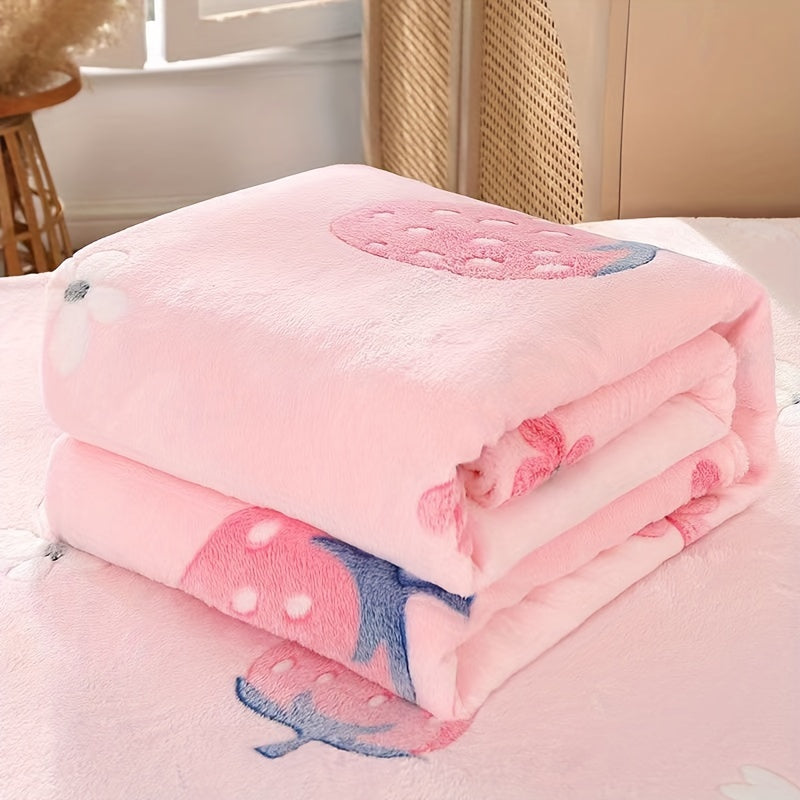 Pink Flannel Blanket with Strawberry Print for Home, Travel, and Camping