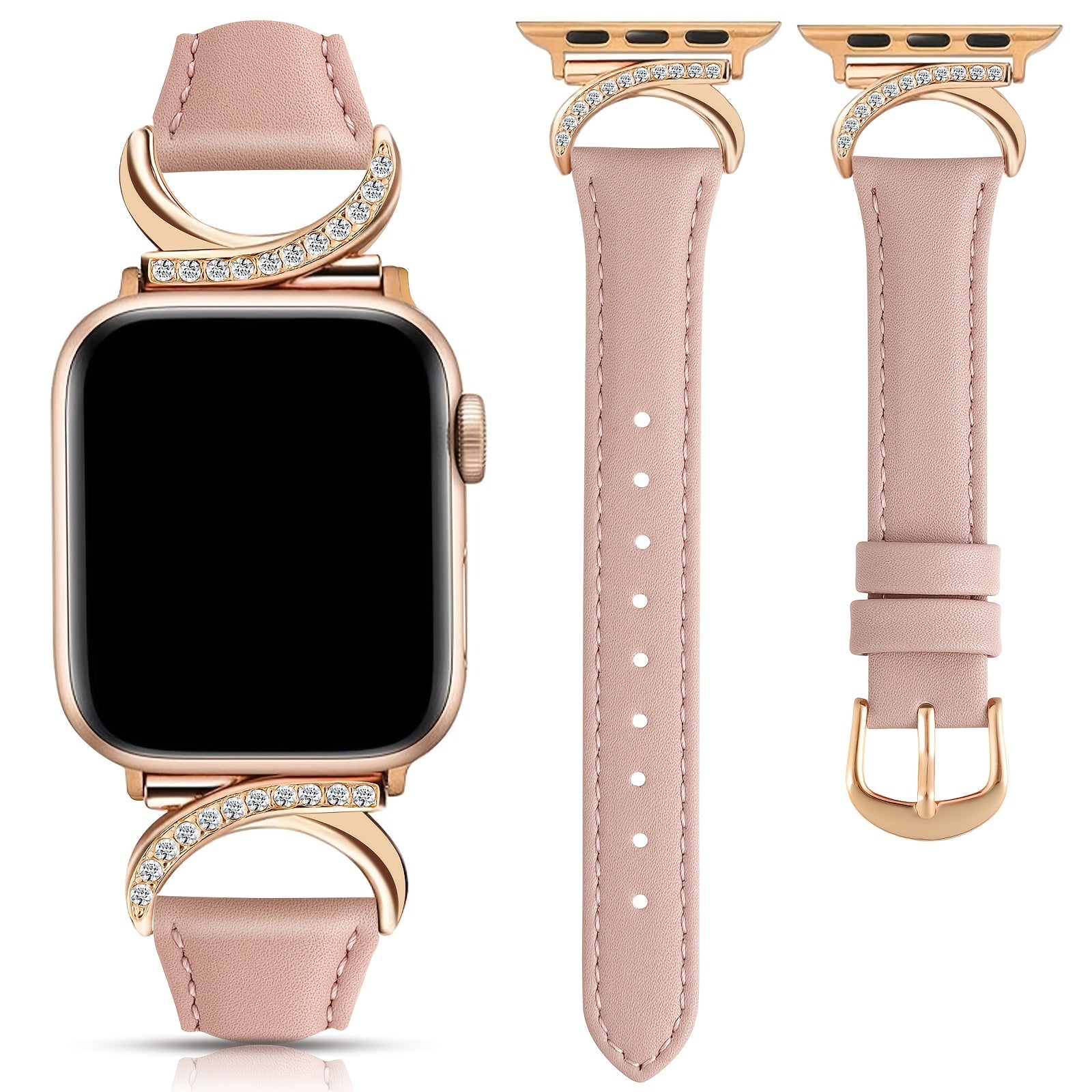 Women's Ultra-Thin Calfskin Watch Strap for Apple Watch Series 1-9 38mm-49mm Rhinestone Design