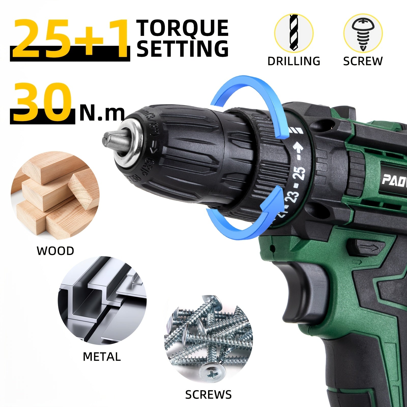 21V Cordless Drill with Rechargeable Lithium-Ion Battery 2-Speed 25+1 Torque LED Light for DIY Home Garden