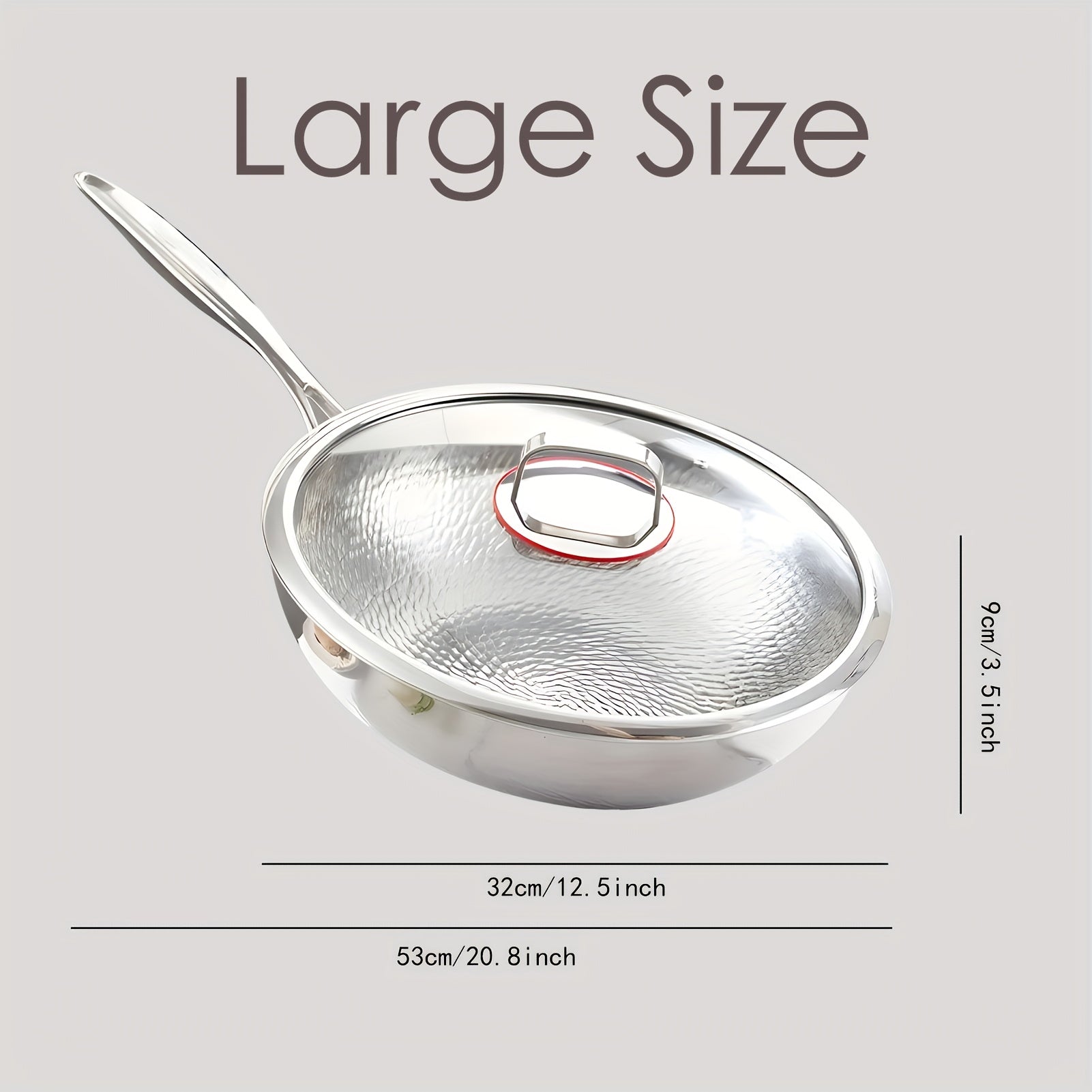 Titanium-Coated Wok with Lid 33cm Hammered Tri-Ply Stainless Steel Dishwasher Safe