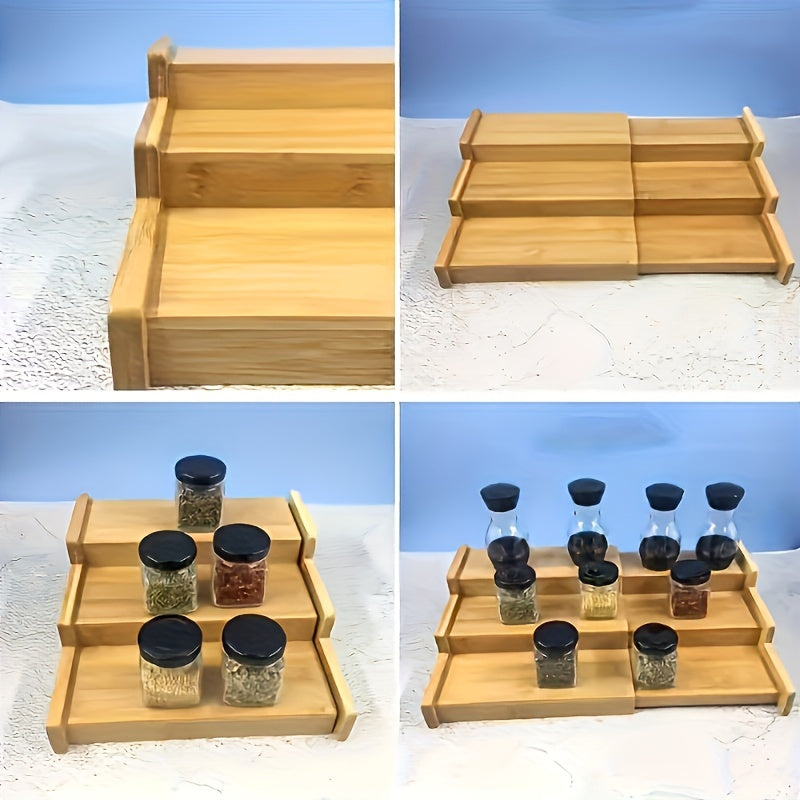 Bamboo Spice Rack 3 Tiers Adjustable Countertop Organizer Kitchen Storage