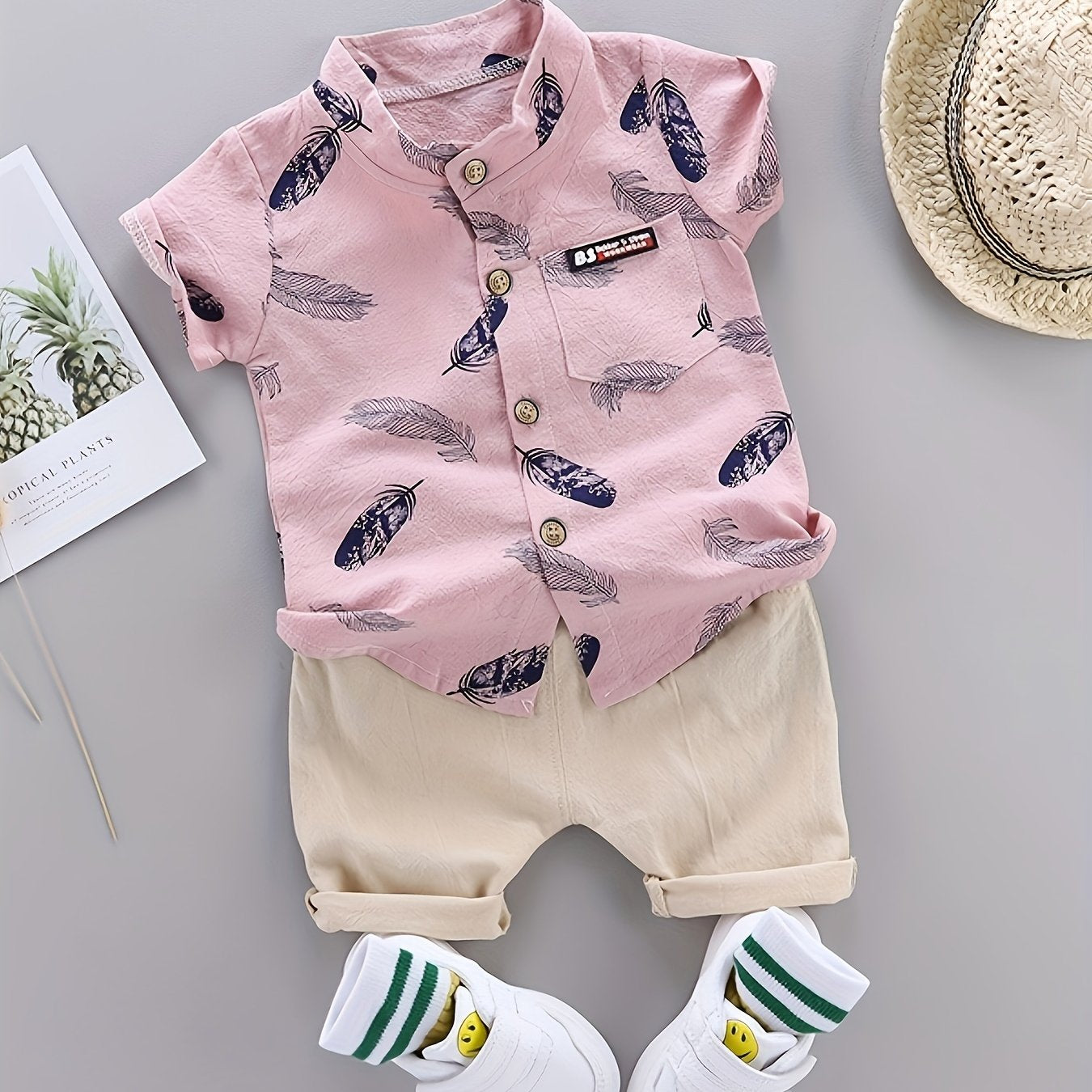 Baby Boys' Summer Cotton Casual Feather Pattern Shirt and Shorts Set