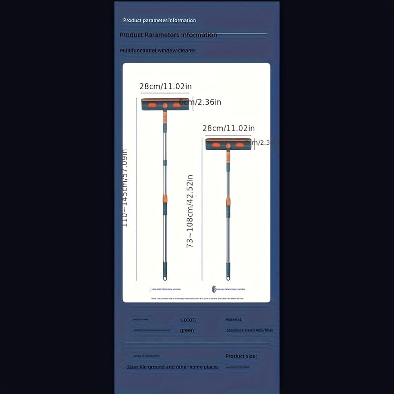 Ko'p maqsadli oynani tozalovchi yashil rangda, sozlanadigan tutqich bilan - zanglamaydigan po'lat va ABS dan tayyorlangan, shisha, plitkalar va uy yuzalarini tozalash uchun mukammal.