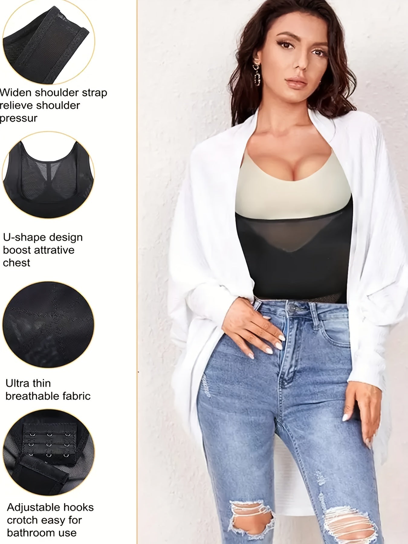 Qorin nazorati va butni ko'tarish bilan kontrast to'rali shakllantiruvchi bodysuit, ayollar uchun ochiq ko'krakli tana shakllantiruvchi.