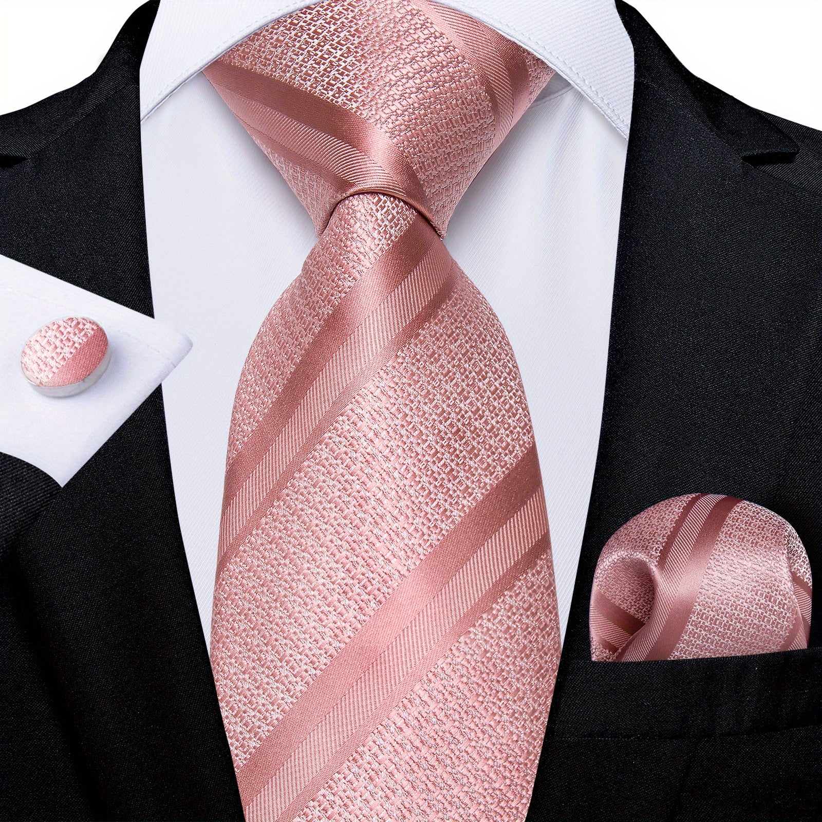 Stylish Men's Pink Patterned Tie Set with Pocket Square, Hanky, and Cufflinks - Perfect for Weddings or as a Gift