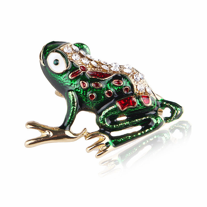 Enamel Frog Brooch Pin Animal-Shaped Crystal Details Unisex Accessory