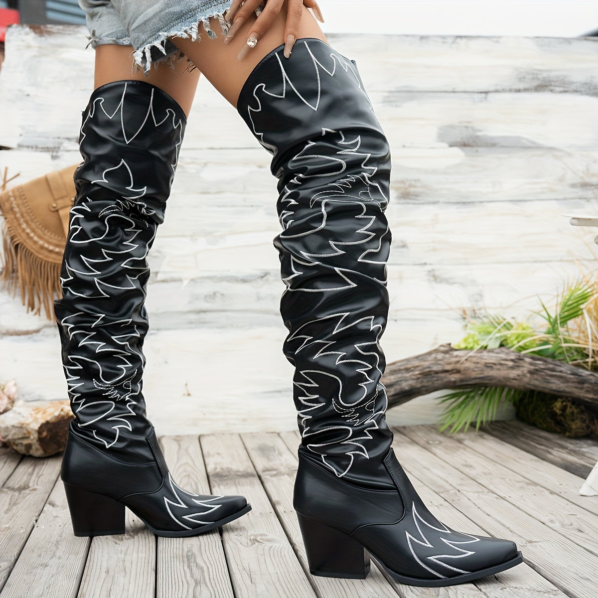 Women's Black Floral Embossed Faux Over-the-Knee Boots Pointed Toe Chunky Heel