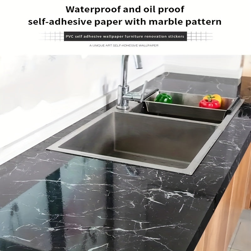 Black Marble Self-Adhesive Wallpaper Water-Resistant Peel & Stick for Kitchen Furniture