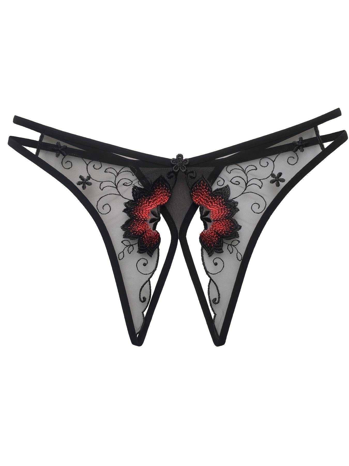 Women's Floral Embroidered Mesh Thongs with Open Crotch Sexy Lingerie