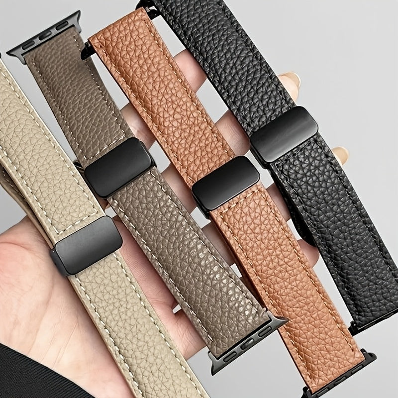 Litchi Pattern Patent Leather Apple Watch Strap Water-Resistant with Magnetic Buckle Beige Dark Brown